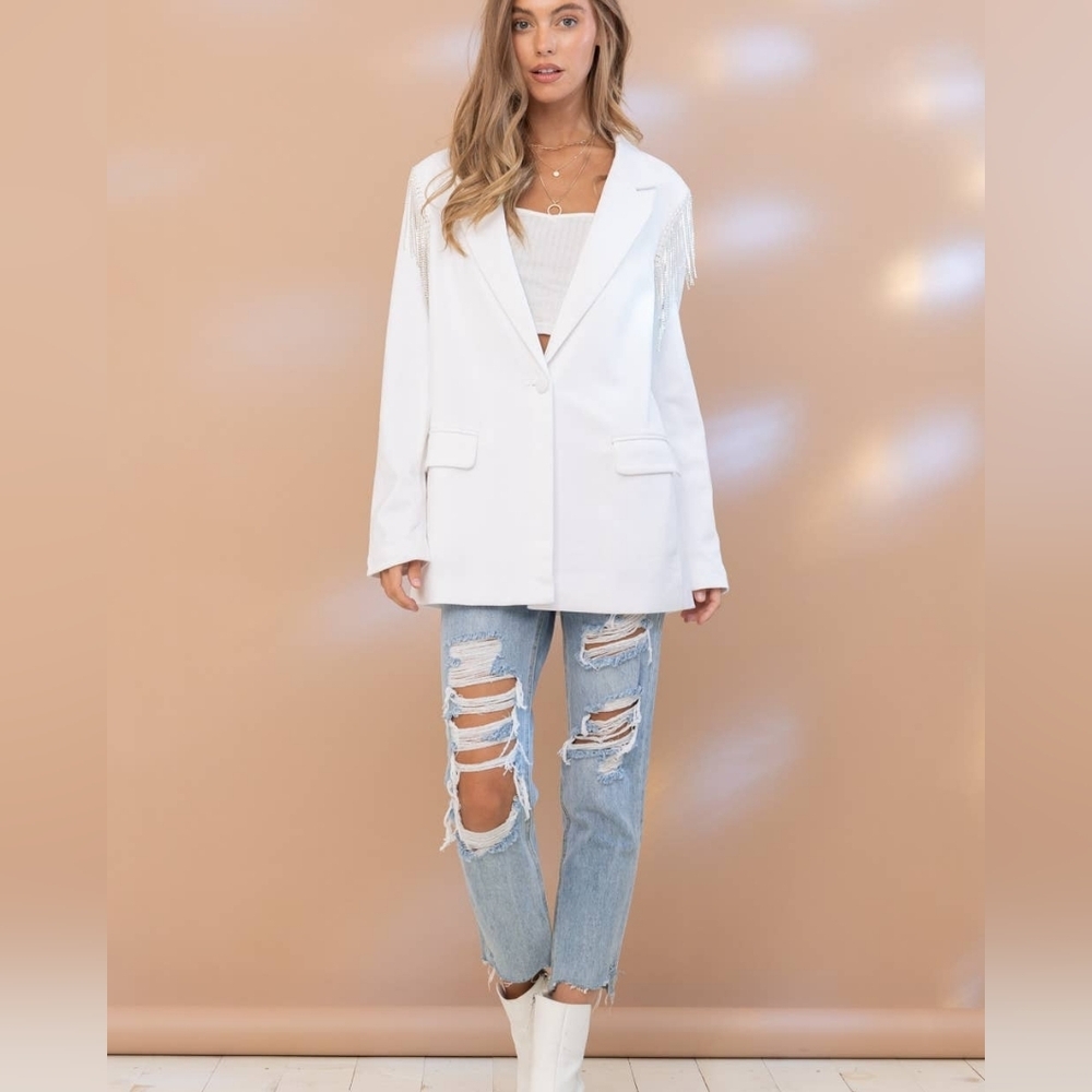 NWT Blue B White Western Stretch Boyfriend Rhinestone Fringe Shoulder Blazer - Picture 8 of 11